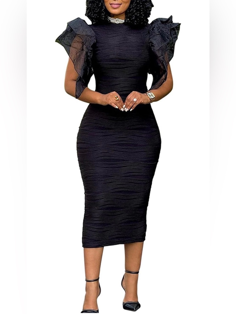 NWT Chic Black Midi Dress with Statement Ruffle Sleeves, XXL